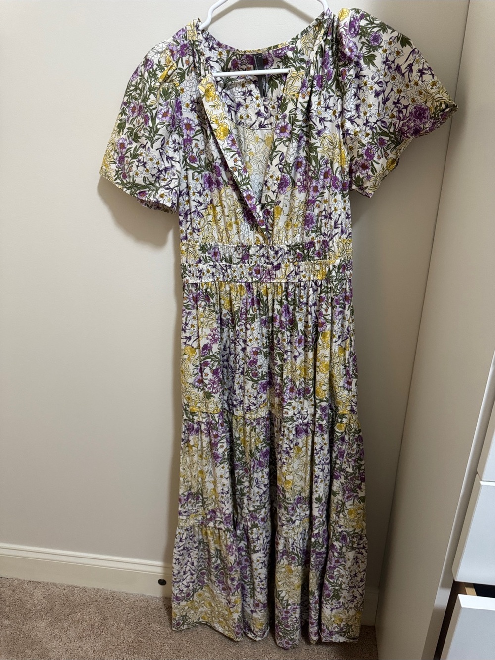 Anthropologie Floral V-Neck Top in Purple, Yellow, Green, Cream
